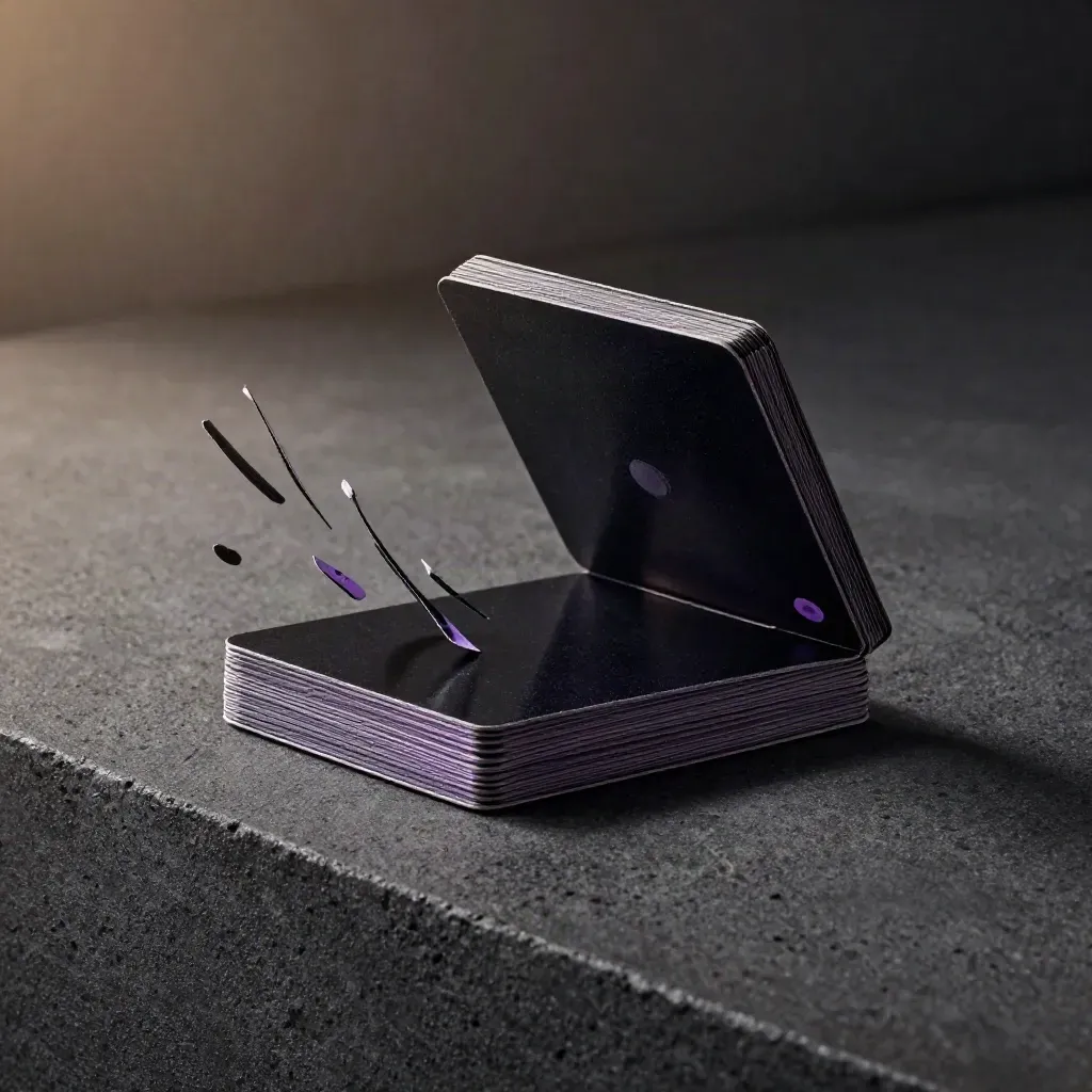 Black caption pack deck with curled insert and loose cards on concrete, lit dramatically.