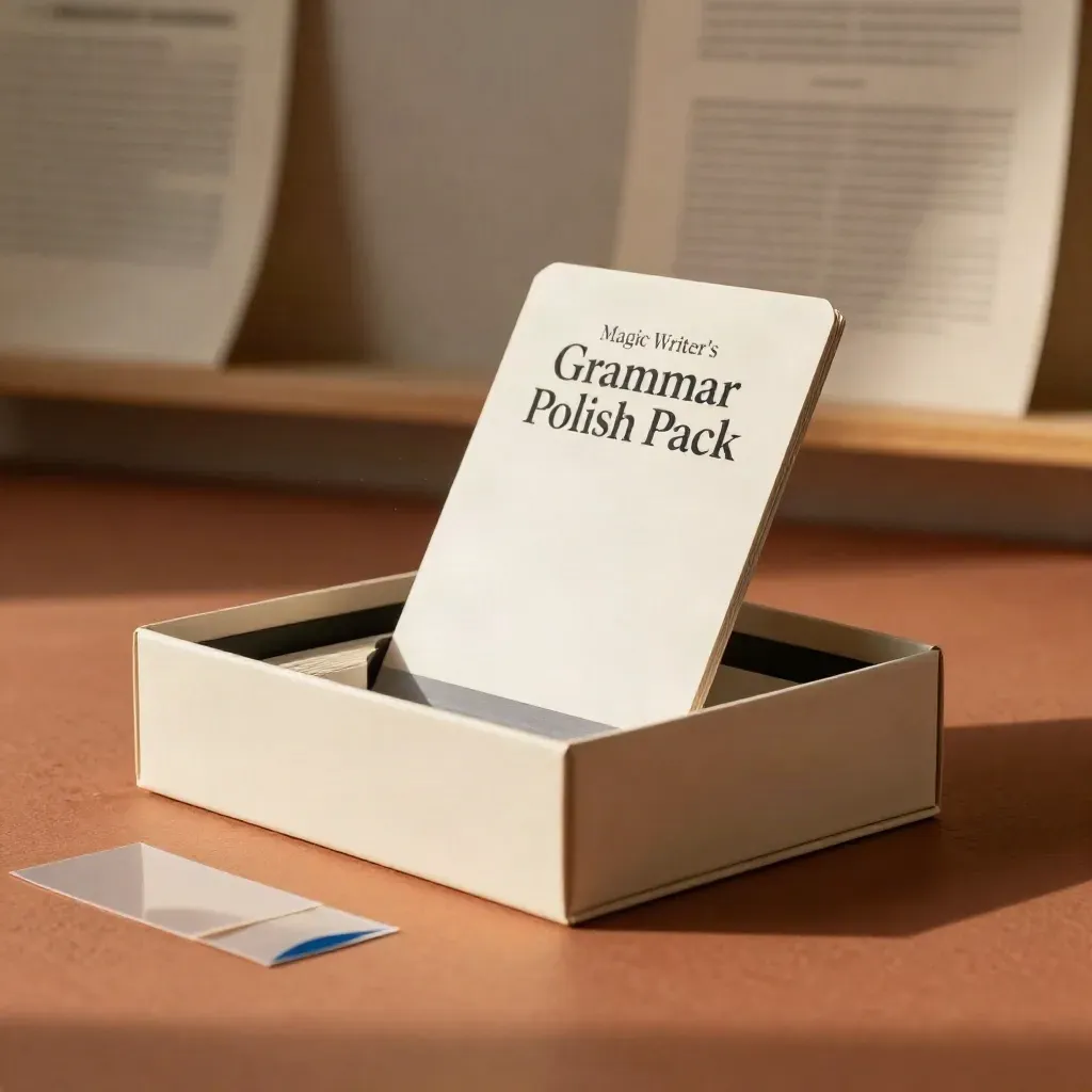 Ivory grammar polish pack with lifted insert card on warm plaster, lit in a sleek studio.