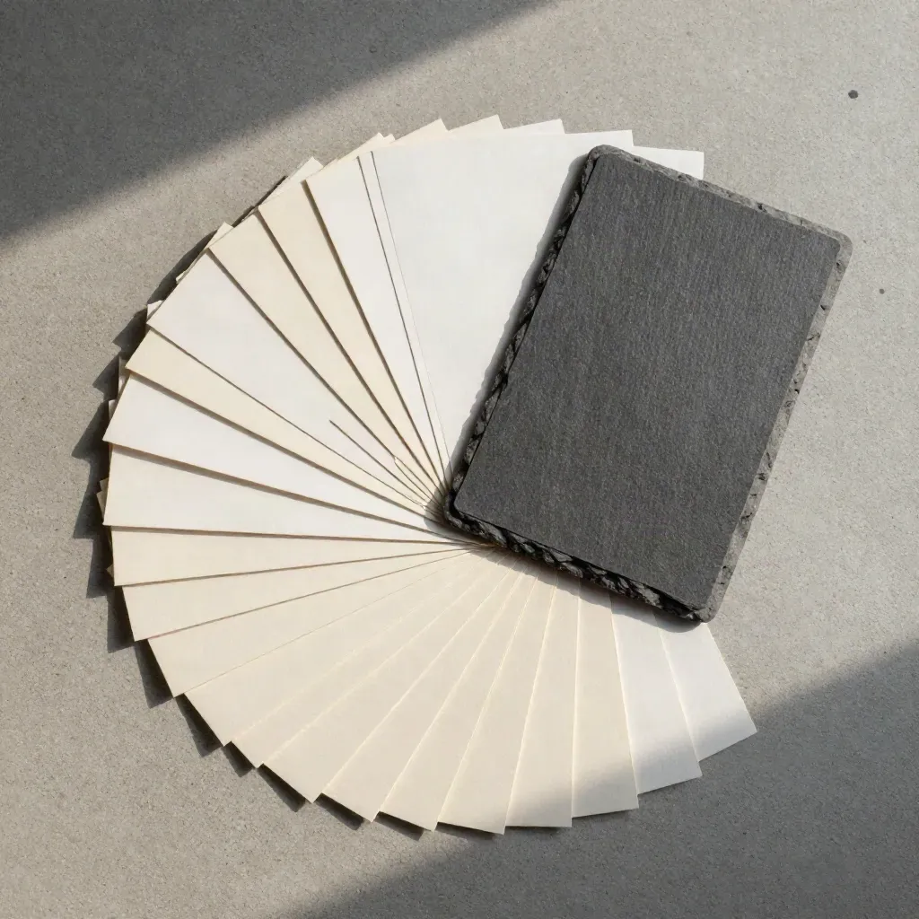 Overhead flatlay of fanned headline cards, square sleeve, and clipped board on concrete.