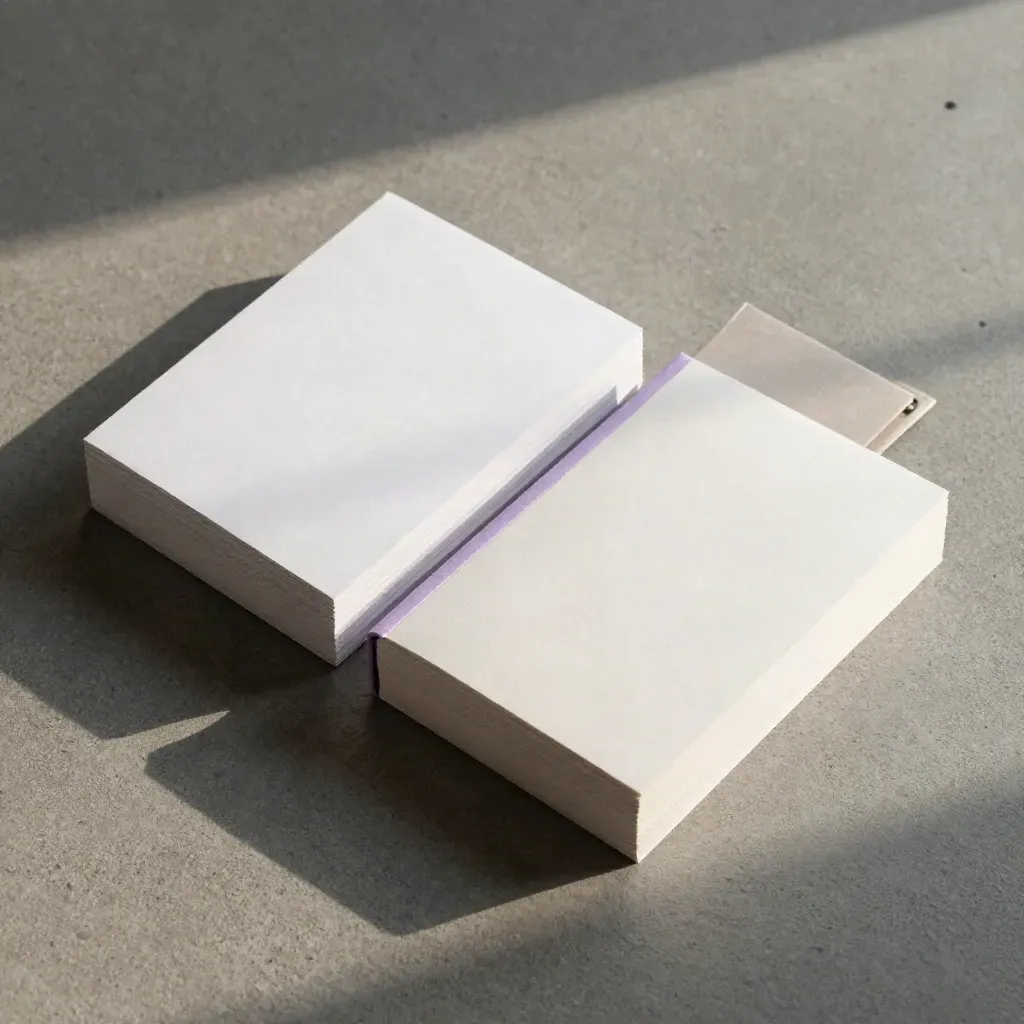 Overhead flatlay of white grammar cards, a sleeve, and clipped insert on graphite concrete.