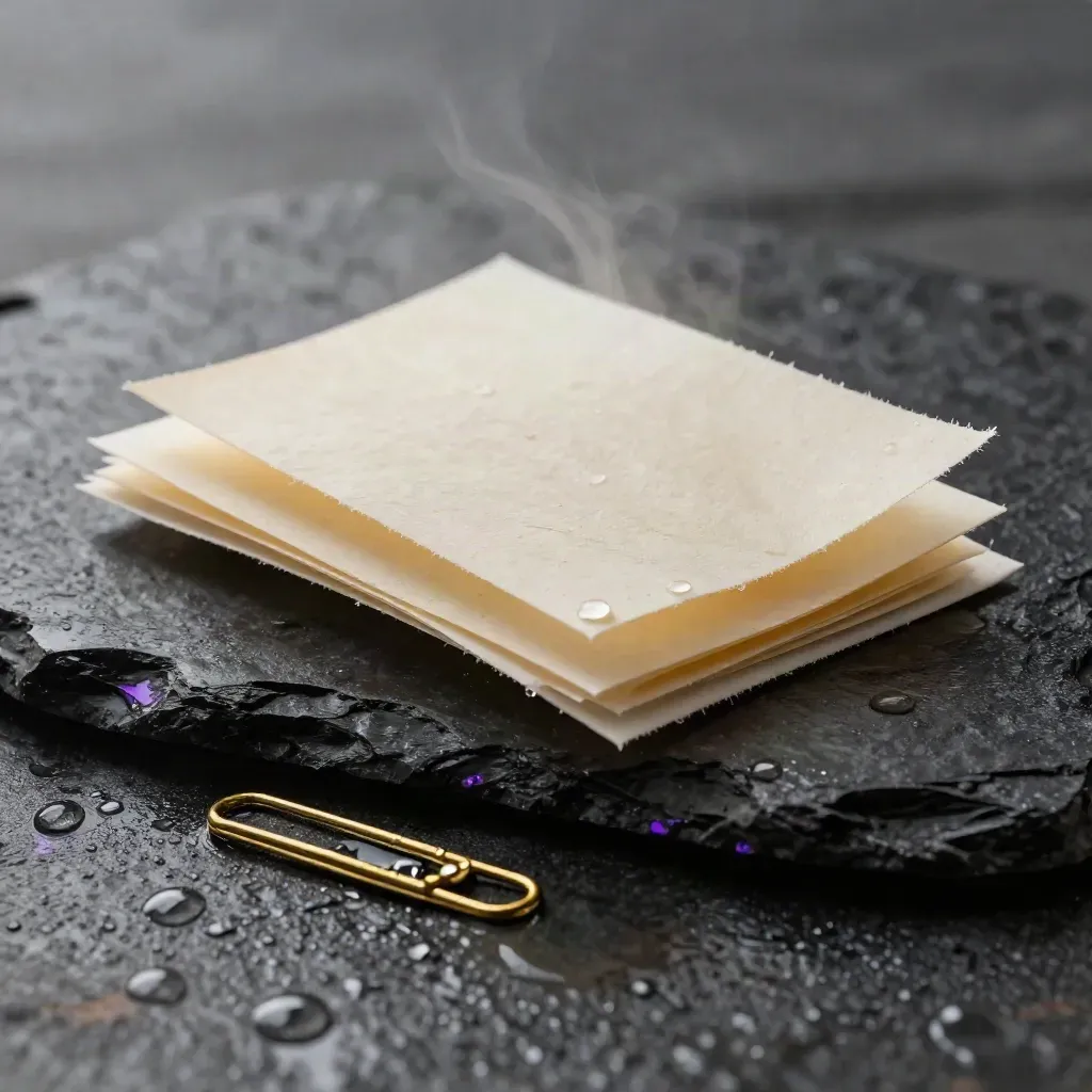 Cream paper slips fanned by wind beside a brass clip on wet basalt