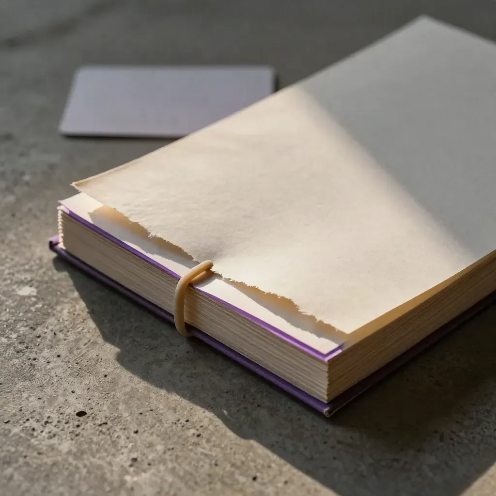 Torn and folded manuscript pages with a rubber band on brushed concrete, lit by a violet beam.