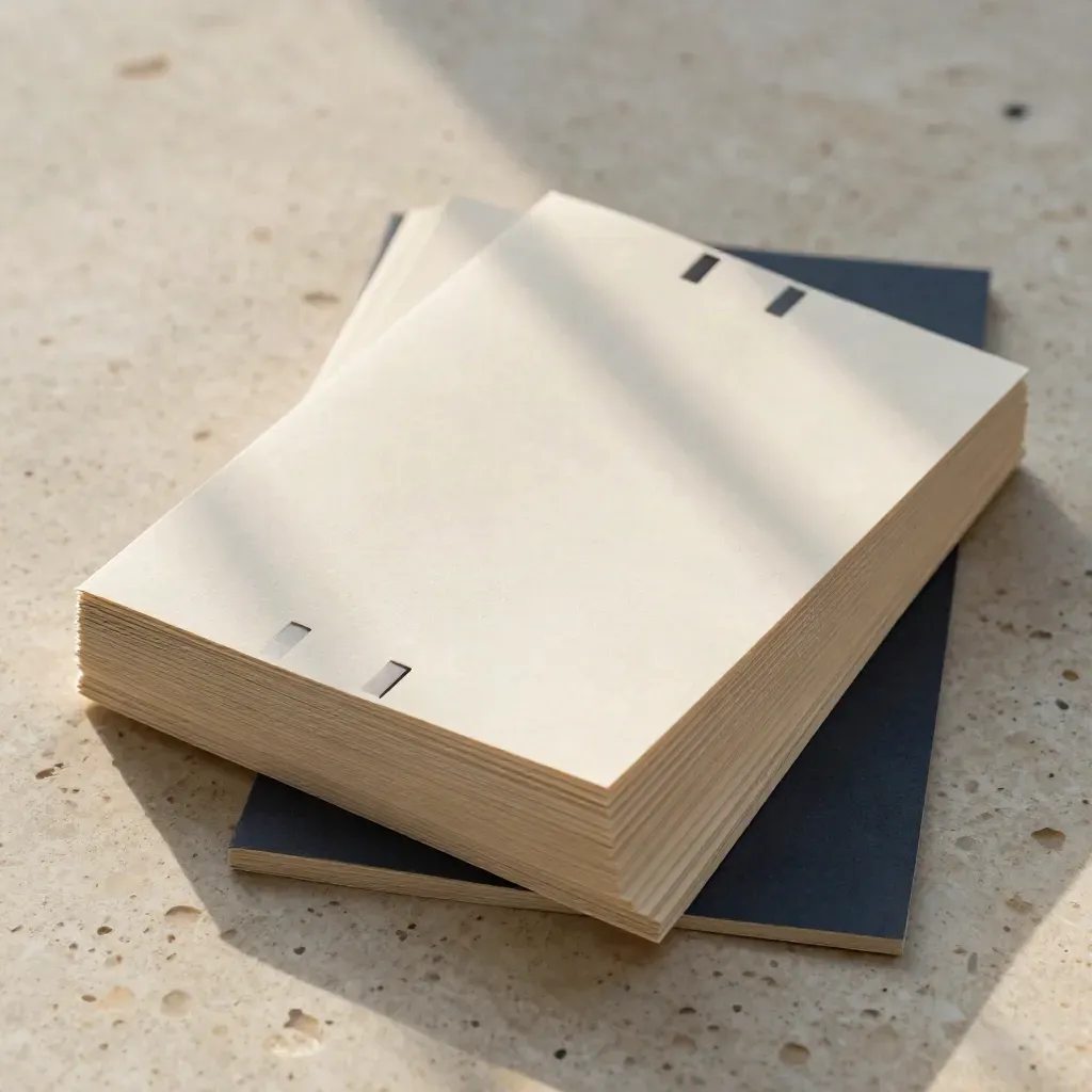 Cream outline cards with charcoal tabs fanned on pale travertine under soft upper-left light.