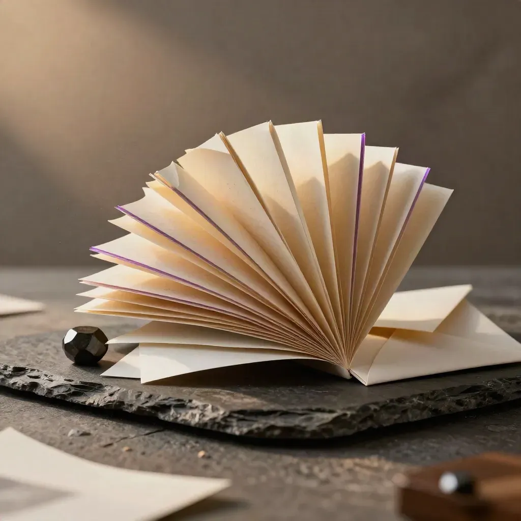 Cream headline slips, folded envelope and stone weight burst on dark stone under violet rim light.