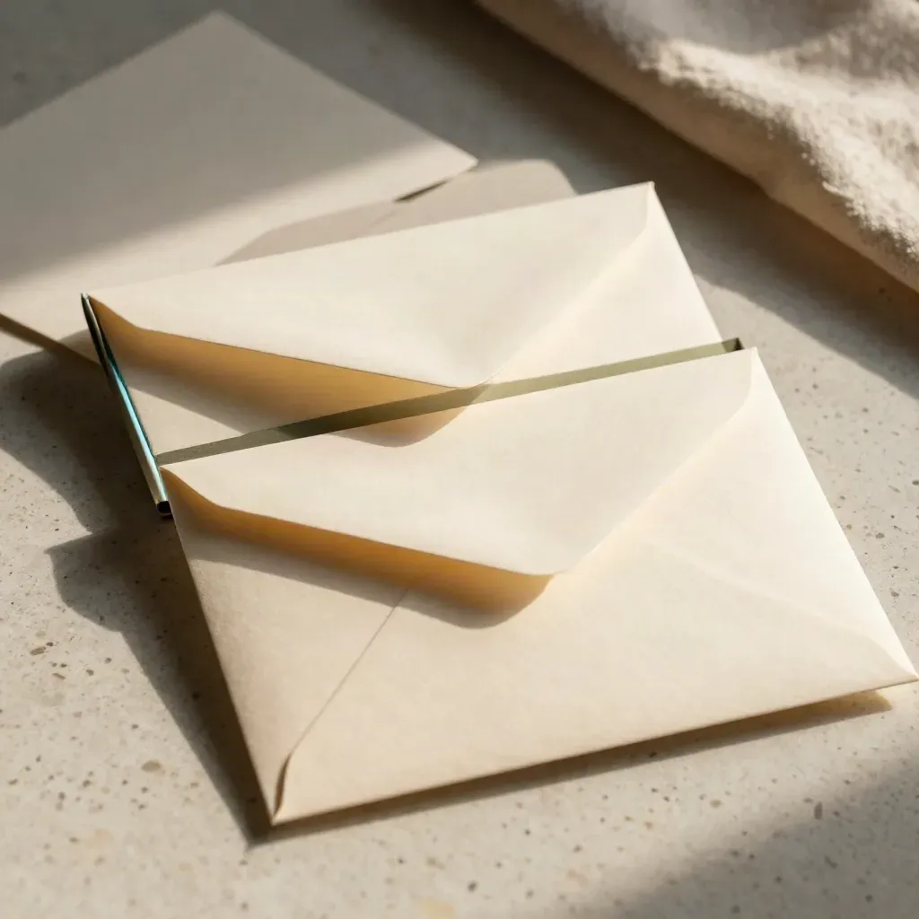 Cream envelopes and folded cards in a matte box on travertine, softly lit with a cyan accent.